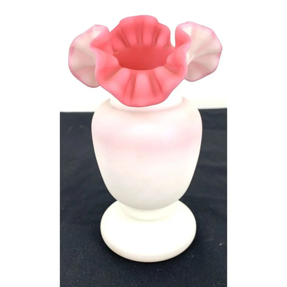 Fenton Vase Satin Glass White Pink Ruffled Edge Melon 7